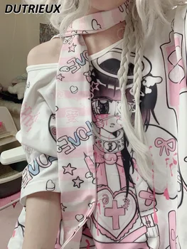 Japon Yumuşak Kız Maden İki Boyutlu Üst Sevimli kısa kollu tişört Alt Kültür Melek Gevşek T Shirt Kadın Estetik Tops