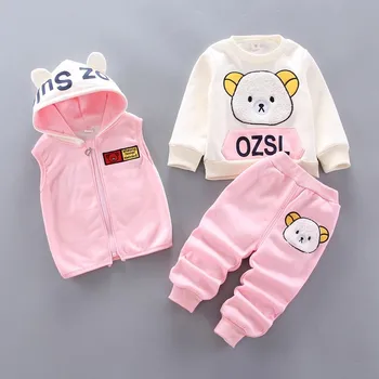 Kapşonlu Yelek + Ceket + Pantolon 3 Adet Set Çizgi Film Ayı Kış Sıcak Artı Kadife Kız Bebek Eşofman Erkek Sonbahar günlük kıyafetler 1-4 Yıl