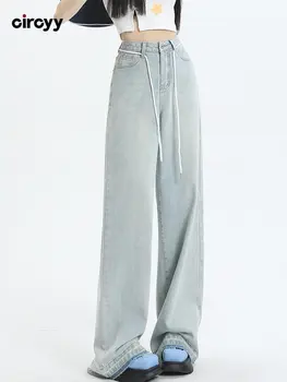 Kadın Kot Yüksek Belli Kot Mavi Düğme Tam Boy kot pantolon Vintage Çapak Geniş Bacak Pantolon 2023 Yeni Bahar Y2k Streetwear