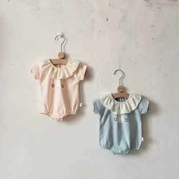Yaz Bebek Kısa Kollu Bodysuit Pamuk Fırfır Lotus Yaprağı Yaka Kız Tavşan Tek Parça Bebek Tulum Toddler Kız Giysileri