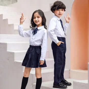 Ingiliz Akademisi erkek kız giyim seti pamuk beyaz gömlek + pantolon (etek) + kravat 3 adet 3-18 çocuk Okul giyim takım elbise çocuk kıyafetleri
