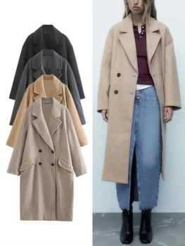 Kadın Sonbahar Kış Yeni Moda Yaka Gevşek Orta uzunlukta Cep Yün Ceket Kruvaze Uzun kollu Sıcak Kadın Şık Palto