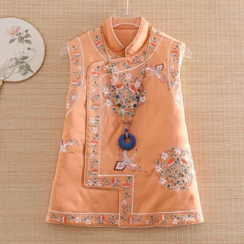 Vintage Çin Pamuk kolsuz bluz Sonbahar / Kış 2022 İşlemeli Vintage Zarif Kolsuz Pamuklu Qipao Tarzı kolsuz bluz