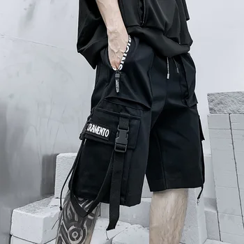Yaz Siyah Kargo Şort Erkekler İpli Japon Streetwear Slacks Y2k Hip Hop Punk Erkek Rahat Gevşek Elastik Bel kısa pantolon
