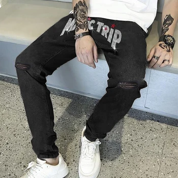 Erkek Giyim Siyah Sıkı Yırtık Y2k Kot Sıska Mektup Sıcak Sondaj Streetwear serseri pantolon Moda Erkek Kot kalem pantolon