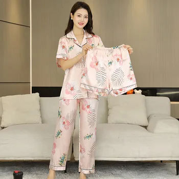Ipek Pijama Kadınlar İçin Kısa Kollu Pijama Saten Yumuşak Düğme Aşağı Loungewear Sevimli Baskı Pijama Ev Giysileri Üç Parçalı Set