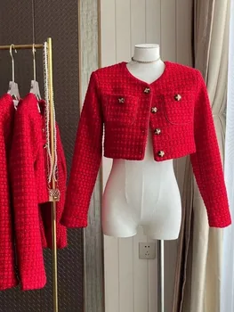 Kadın Giysileri Rahat Hırka Küçük Kokulu Lüks Tüvit Ceket Yün Kırmızı Kırpılmış Ceket Zarif Dış Giyim Casacos Kadın