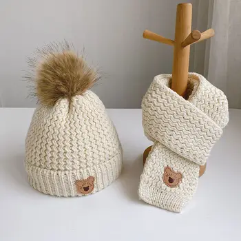 Yeni Sonbahar Kış Yenidoğan Bebek Şapka ve Eşarp Akrilik Sevimli Ayı Nakış Bere Sıcak Bebek örgü şapkalar Erkek Kız için 0-6y