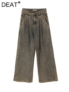 DEAT kadın Kot Yüksek Bel Yıkama Retro Pilili Düz Renk Uzun Düz Geniş Bacak Kot pantolon 2023 Sonbahar Yeni Moda 29L3070