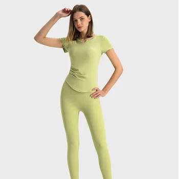 Yumuşak Yeni Spor Seti Yoga Giyim Kadınlar için Egzersiz Spor Hiçbir T-İplik Yüksek Bel Pantolon spor elbise Kısa Kollu Üst Set