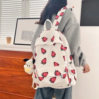 Çilek Baskılı Kadın omuzdan askili çanta kanvas okul çantası Sırt Çantası Sevimli Bebek Kolye Gizli sakli konusmalar Genç için Çok Cep laptop çantası