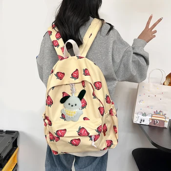Çilek Baskılı Kadın omuzdan askili çanta kanvas okul çantası Sırt Çantası Sevimli Bebek Kolye Gizli sakli konusmalar Genç için Çok Cep laptop çantası