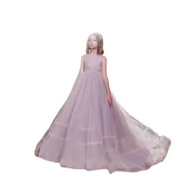 Basit Tül Kolsuz Çiçek Kız Elbise Düğün İçin A-line Prenses Sparkly Boncuk Uzun İlk Communion Abiye