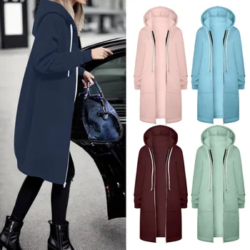 Kadın İpli Kapşonlu Ceket Uzun Fermuarlı Cep Ceket Uzun Kazak Hoodie Ceket Kış Rahat Moda Düz Renk Streetwear L5