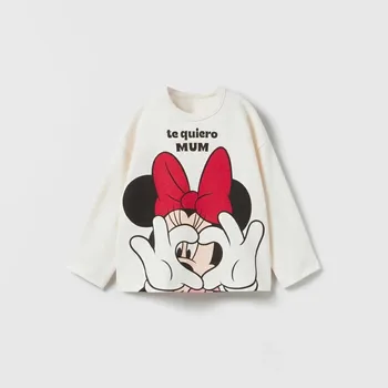 Minnie Mouse Taban Gömlek kız Giysileri Bahar Sonbahar Moda Disney Karikatür uzun Kollu tişört Kazak Yürümeye Başlayan Kostüm