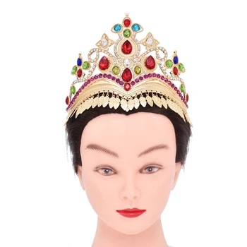 Lüks Renkli Damla Kristal Taç Altın Yaprak Püskül Gelin Düğün Aksesuarları Hindistan Kraliçe Prenses Tiara Gelin Saç Takı