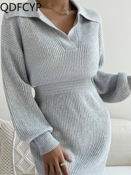 Kadın elbiseleri Sonbahar Kış Yeni 2023 Moda Uzun Kollu Mini Triko Etek Seksi Şık Slim Fit Jersey Elbise kadınlar için