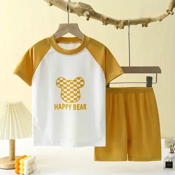 Kore Bebek Kız yaz giysileri Set Karikatür Ayı Tees T Shirt ve Gevşek Şort Takım Elbise çocuk Erkek Rahat Eşofman Pijama