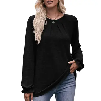 Sonbahar kadın T-Shirt Casual Gevşek Şık Düz Renk Petal Kollu Dantelli Yuvarlak Boyun Kış Kadın Bluz Üstleri Kıyafetler C5088