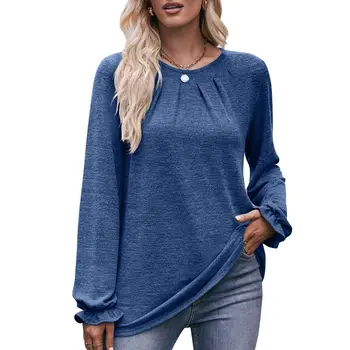 Sonbahar kadın T-Shirt Casual Gevşek Şık Düz Renk Petal Kollu Dantelli Yuvarlak Boyun Kış Kadın Bluz Üstleri Kıyafetler C5088