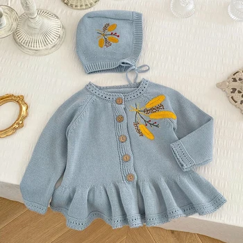 2023 Yeni Bebek Kız Örgü Uzun Kollu Nakış Hırka + Şapka Sonbahar Bahar Yenidoğan Bebek Kız Kazak Ceket Çocuk Giysileri
