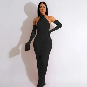 LaModa-Yeni Siyah Halter Boyun Elbise Kadınlık Sıkı Dikiş Perspektif Yuvarlak Boyun Elbise Pozlama Kostüm Bayan Elbiseler
