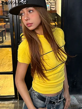 Amerikan Retro Sarı Kısa Kollu T Shirt Kadın 2023 Yeni Yaz Pamuk Streetwear Y2K İnce Baskı Şık Rahat Çok Yönlü Üst