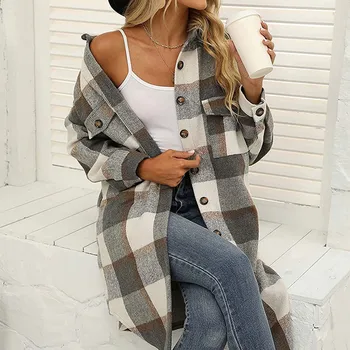 Bayanlar Moda Retro Uzun Ekose Yünlü Kumaş Ceket Yaka Tek Göğüslü Düğmeler Gevşek Ceket Cepler İle Sonbahar Kış Y2k Tops