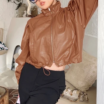 Vintage Zarif Moda Suni Deri Kırpılmış Ceketler Y2k Kahverengi Kadın Zip Up Standı Yaka Fener Kollu Yüksek Sokak Kore Mont