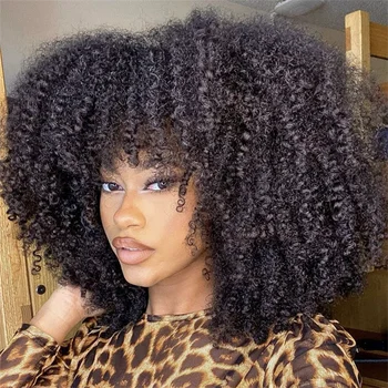 Afro Kinky kıvırcık kahküllü peruk Brezilyalı kısa kıvırcık insan saçı Peruk Siyah Kadınlar İçin Tam Makine Yapımı Peruk Remy Doğal Renk