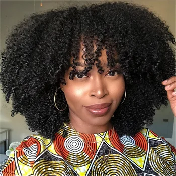 Afro Kinky kıvırcık kahküllü peruk Brezilyalı kısa kıvırcık insan saçı Peruk Siyah Kadınlar İçin Tam Makine Yapımı Peruk Remy Doğal Renk