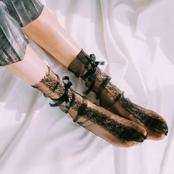 Güney Kore Dongdaemun Örgü Çorap Şeffaf Orta Dantel Yay Dantel İpliği Demet Çorap Kadın Moda