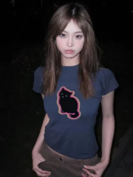 Y2k Estetik Kawaii Sevimli Kedi Baskı 2023 Yaz Harajuku T-shirt Casual O Boyun Kırpılmış Üstleri Kadın Kısa Kollu Tees Camisetas