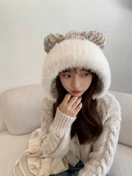 Sonbahar ve Kış Yeni Örme Kalın Yün Şapka Kadın Sevimli Kedi Kulaklar Tüm Moda Yüz Küçük Örme Şapka Kulak Sıcak Şapka