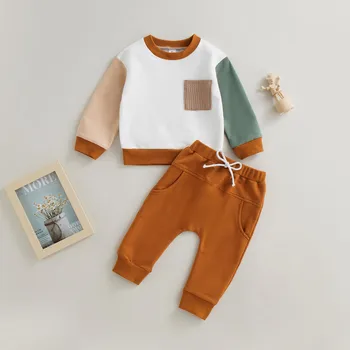 Çocuklar Erkek Bebek Pantolon Setleri Sonbahar Giysileri Uzun Kollu Yama Renk Üstleri ve Rahat İpli Pantolon bebek nesneleri Giyim