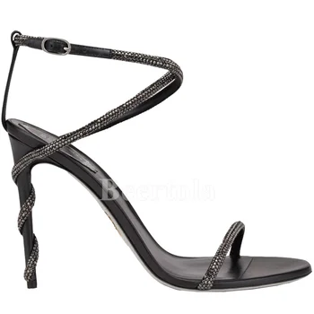 Seksi Elmas Strappy Topuk Wrap Sandalet Kadın Ayak Bileği Toka Askı Burnu açık Stilettos Kristal Süper Yüksek Topuklu 10 cm Ziyafet Ayakkabı
