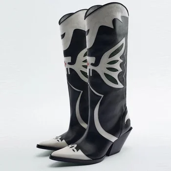 2023 Kovboy Diz Yüksek Kadın Botları Kelebek İşlemeli Siyah Beyaz Peri Tıknaz Topuk Batı Çizmeler Bayan bağcıksız ayakkabı