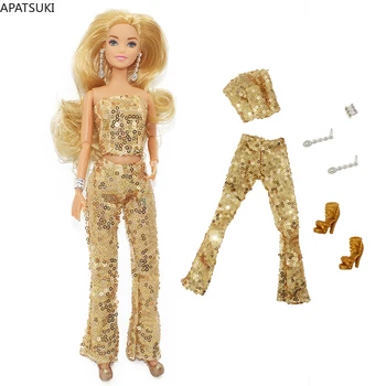 Film Altın Moda Giyim Seti barbie bebek Kolsuz Üst Pantolon Ayakkabı Bileklik Küpe Kıyafetler 1/6 Bebek Aksesuarları Oyuncaklar