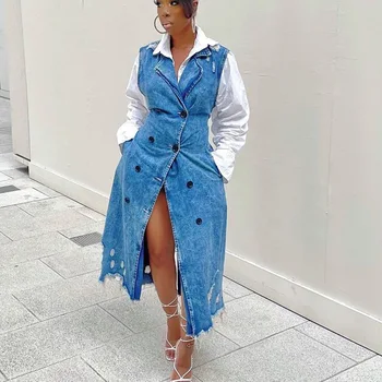 Echoine Kolsuz Denim Mavi Kruvaze Uzun Yelek Ceket Rahat Moda Delik Yırtık Kot Elbise Sonbahar Kadın Giyim 2023