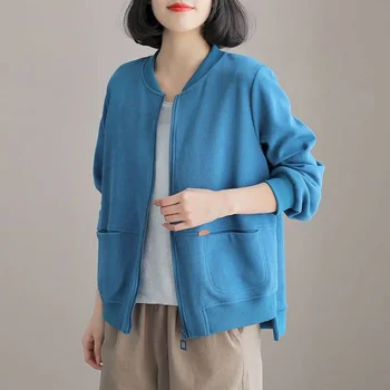 Kadınlar için ceketler Kore Moda Gevşek Büyük Boy beyzbol ceketleri Katı Hırka Uzun Kollu Fermuar Coats Vintage Kadınlar Tops