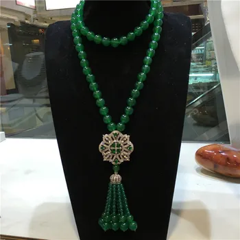 Kadın moda doğal yeşil taş mikro kakma zirkon toka püskül kolye uzun kazak zinciri moda takı