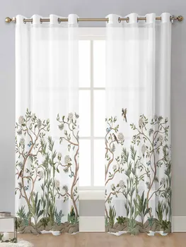 Beyaz Çiçek Bitki Kuş Sırf Perdeleri Oturma Odası İçin Pencere Şeffaf Vual Tül Perde Cortinas Perdeler Ev Dekorasyonu