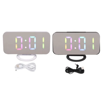 Dijital alarmlı saat Saat Büyük RGB Ekran LED Aynalı Elektronik Saatler Çift USB Bağlantı Noktaları 6 Dişliler Parlaklık Çok Fonksiyonlu Ev için