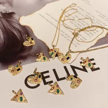 Moda Aşk Üçgen Çerez Mücevher Boncuk Zincir Kolye AU75018 K Altın Kakma Takı Gerçek Altın Gerçek Elmas