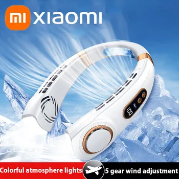 Xiaomi 5 hız taşınabilir boyun fanı USB el dilsiz LED dijital ekran yapraksız Mini elektrikli Fan renkli atmosfer ışıkları