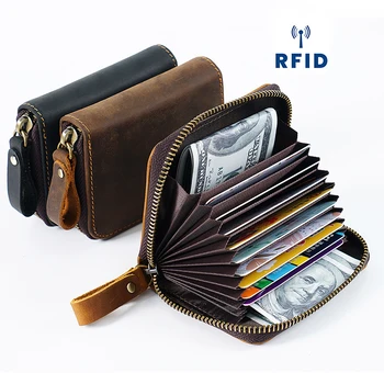 Retro VIP KİMLİK Banka Kredi kart tutucu Fermuar Cüzdan İnce Küçük Kart Kılıfları İnce Çılgın At Deri RFID Erkek El Yapımı Kart Çantası