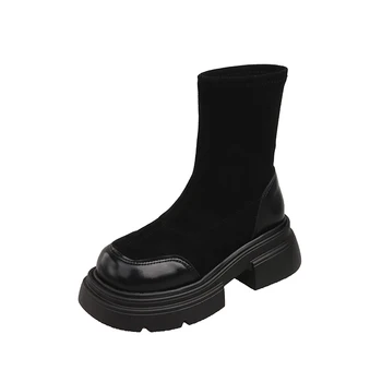 Kadın lastik çizmeler Chelsea kadın ayakkabısı Botları-Kadın Yuvarlak Ayak Yağmur Kaya Bayanlar 2023 Ayak Bileği Lolita Sonbahar Med Retro Slip-On Karyolası