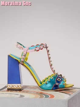 Perçin T-kayışı Burnu açık Sandalet Blok Tıknaz Topuk Mavi Yeşil Karışık Renkler Ayak Bileği Toka Seksi Kadın Elbise Ayakkabı Yaz Moda 2023