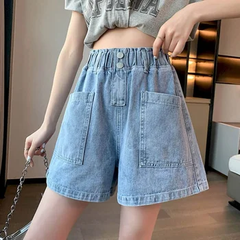 Kot şort Kadınlar için Büyük Boy Vintage Casual Gevşek Kore Moda Kot A-line Elastik Bel Geniş Bacak Pantolon Kadın Giyim