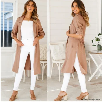 Uzun Kollu Femme Kadın Moda Kış 2023 Uzun Palto Gevşek Artı Boyutu Dış Giyim Zarif Siper Siper Haki Dantel-up Yaka Ceket